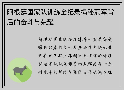 阿根廷国家队训练全纪录揭秘冠军背后的奋斗与荣耀